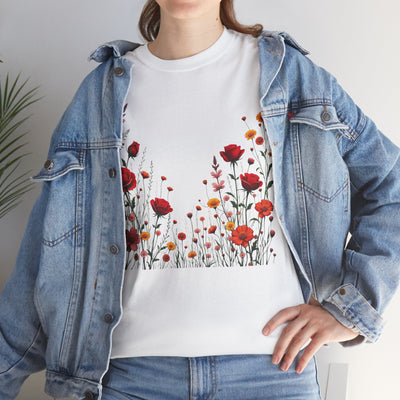Wildflowers and Red Roses, Graphic T-Shirts for Women, Floral Shirt, Womens Short Sleeve, Ladies Graphic Tees #5033TTS