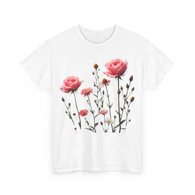 Wildflowers and Pink Roses, Graphic T-Shirts for Women, Floral Shirt, Womens Short Sleeve, Ladies Graphic Tees #5018TTS