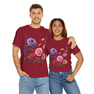 Wildflowers and Pink/Violet Roses, Graphic T-Shirts for Women, Floral Shirt, Womens Short Sleeve, Ladies Graphic Tees #5100TTS