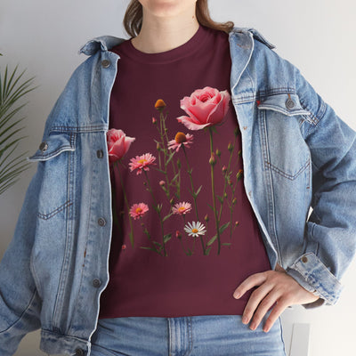 Wildflowers and Pink Roses, Graphic T-Shirts for Women, Floral Shirt, Womens Short Sleeve, Ladies Graphic Tees #5018TTS