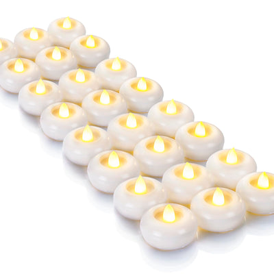 Homemory 24Pack 2” Flameless Led Floating Candles, 200 Hour Plastic Battery Operated Flickering Waterproof Tealights for Cylinder Vases, Centerpieces at Wedding, Party, Pool, Holiday (White Base)