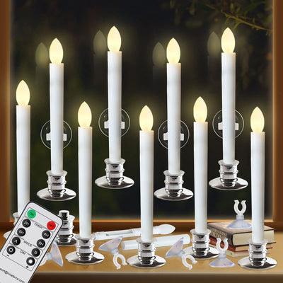 Window Candles with Remote Timers 10PCS Battery Operated Flickering Flameless Led Electric Candle Lights with Silver Base and 10PCS Suction Cups Taper Candles Holder for Christmas Decorations