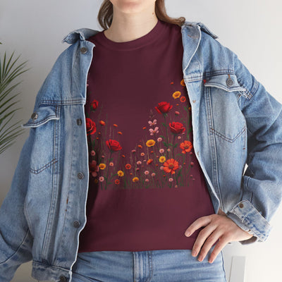 Wildflowers and Red Roses, Graphic T-Shirts for Women, Floral Shirt, Womens Short Sleeve, Ladies Graphic Tees #5033TTS