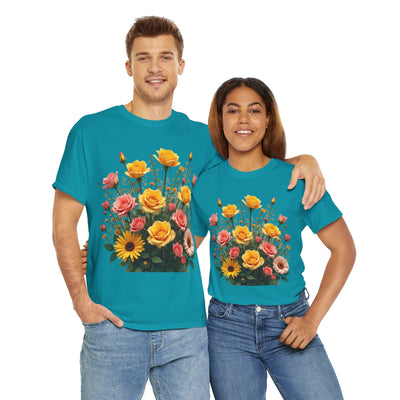 Wildflowers and Pink & Yellow Roses, Graphic T-Shirts for Women, Floral Shirt, Womens Short Sleeve, Ladies Graphic Tees #5141TTS