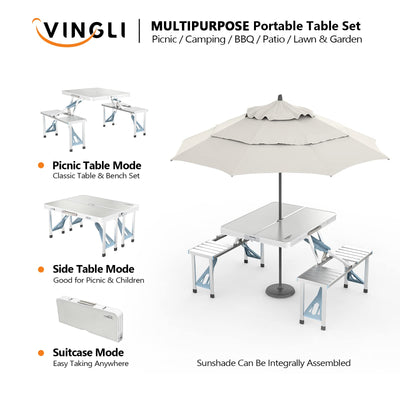 VINGLI 4Ft Folding Camping Picnic Table with Seats/Umbrella Hole-265 Lbs Support That Lightweight and Fold Up Card Suitcase Table Aluminum Alloy Frame, RV Tabletop with Soft Handl