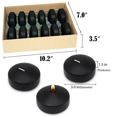 10 Hour Black Floating Candles Large 3 inch Unscented Dripless Water Wax Floating Candles for Vases, Centerpieces at Wedding, Party, Pool, Holidays, Set of 12