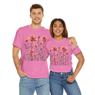 Wildflowers and Pink Roses, Graphic T-Shirts for Women, Floral Shirt, Womens Short Sleeve, Ladies Graphic Tees #5015TTS