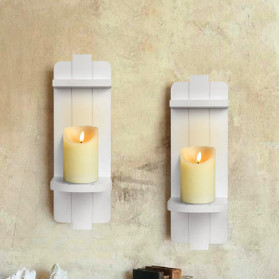 Rustic Wood Wall Sconces Set of 2 - Farmhouse Floating Candle Holders for Home Decor, White Wall Shelf for Living Room, Dining Room, Bedroom, Bathroom