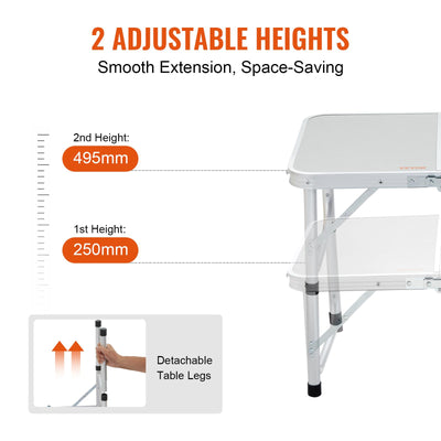 VEVOR Small Folding Camping Table, Adjustable Height Aluminum MDF Outdoor Portable Lightweight for Cooking, Beach, Picnic, Travel, 24 x16 inch, Silver