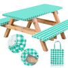 RNOONY Vinyl Fitted Picnic Table Cover with Bench Covers and Bag, 8 Ft Outdoor Waterproof Picnic Tablecloth with Elastic Edges, 96x30 Inches 3 Pcs Set (Green)