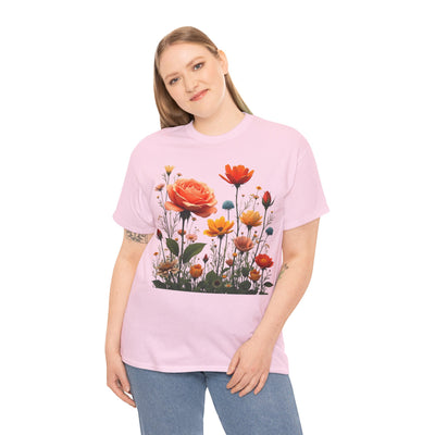 Wildflowers and Orange Roses, Graphic T-Shirts for Women, Floral Shirt, Womens Short Sleeve, Ladies Graphic Tees #5044TTS