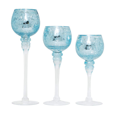 Hosley® Elevate Ambiance with Set of 3 Crackle Blue Glass Tealight Holders 12 Inch, 10 Inch, 9 Inch Stylish Home Decor for Unique Candle Displays