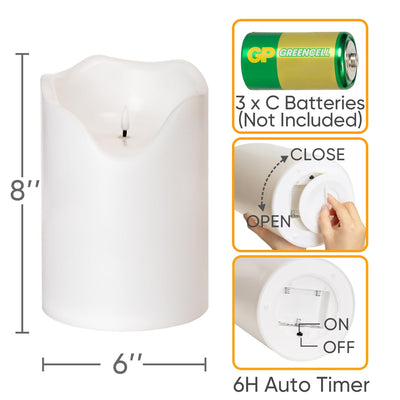 Homemory 6" x 8" Extra Large Outdoor Waterproof Candle with Auto 6-Hour Timer, Big Flameless Candle, Extra Wide and Tall Pillar Candle Battery Operated, White Plastic Made, Long Last for Months