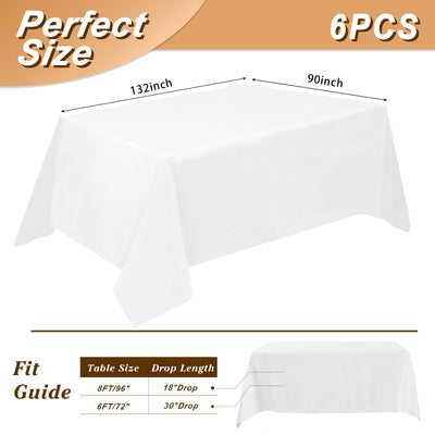Fixwal White Table Cloth Rectangle, 6pcs 90x132 Tablecloth for 8 Ft Rectangle Tables, Waterproof and Wrinkle Resistant, Washable, Wedding Party Dining Banquet Decoration