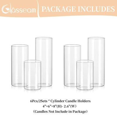 Glasseam Hurricane Glass Candle Holders Set of 6, Clear Cylinder Candle Holders for Pillar Candles, Modern Floating Candles for Centerpieces Vases, Candle Holders for Table Centerpiece, 4"+6"+8"