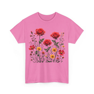 Wildflowers and Red Roses, Graphic T-Shirts for Women, Floral Shirt, Womens Short Sleeve, Ladies Graphic Tees #5034TTS