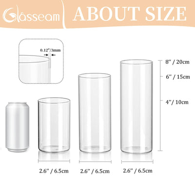 Glasseam Hurricane Glass Candle Holders Set of 6, Clear Cylinder Candle Holders for Pillar Candles, Modern Floating Candles for Centerpieces Vases, Candle Holders for Table Centerpiece, 4"+6"+8"