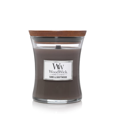 WoodWick Medium Hourglass Candle, Sand/Driftwood - Premium Soy Blend Wax, Pluswick Innovation Wood Wick, Made in USA