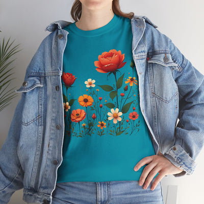 Wildflowers and Orange Roses, Graphic T-Shirts for Women, Floral Shirt, Womens Short Sleeve, Ladies Graphic Tees #5043TTS