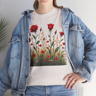 Wildflowers and Red Roses, Graphic T-Shirts for Women, Floral Shirt, Womens Short Sleeve, Ladies Graphic Tees #5032TTS