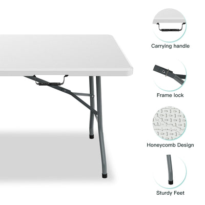 FWTI DEAL 6FT Plastic Folding Table,Portable Foldable Table Outdoor Picnic Table Camping Table for Party,Wedding,Kitchen,BBQ,w/Handle,Lock-White