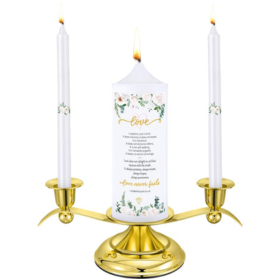 Landhoow 3 Unity Floral Candles for Wedding Ceremony Set with Golden Candle Holder White Pillar and Taper Candles Religious Wedding Catholic Anniversary Big Events Gifts for Couple