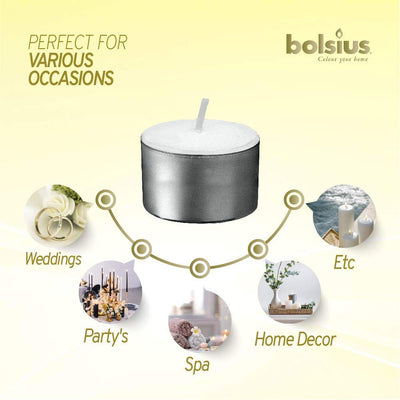 BOLSIUS Tea Lights Candles - Pack of 100 White Unscented Candle Lights with 8 Hour Burning Time - Tea Candles for Wedding, Home, Parties, and Special Occasions