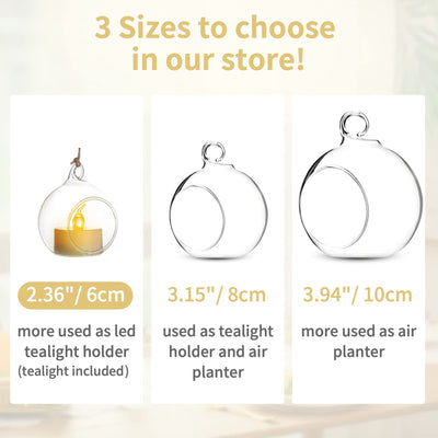 NUPTIO Hanging TeaLight Candle Holder: 24Pcs 2.36in Tree Tea Light Holders with LED Candles Small Glass Globes Ornament Clear Round Mini Terrarium Containers for Wedding Party Tree Decoration