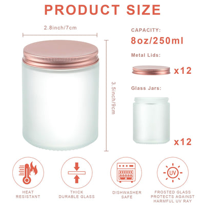 Tioncy 8 oz 250 ml Frosted Glass Jars with Metal Rose Gold Lids Round Thick Candle Making Jars Mason Canning Jar Bulk Empty Food Storage Container for Honey Cosmetic Vanilla Liquid(12 Pcs)