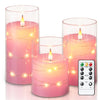 Homemory Flickering Flameless Candles with String Lights, Battery Operated Candles, Embedded String Lights LED Candles, Unbreakable Plexiglass Candles with Remote, Set of 3, Pink