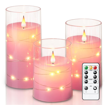 Homemory Flickering Flameless Candles with String Lights, Battery Operated Candles, Embedded String Lights LED Candles, Unbreakable Plexiglass Candles with Remote, Set of 3, Pink