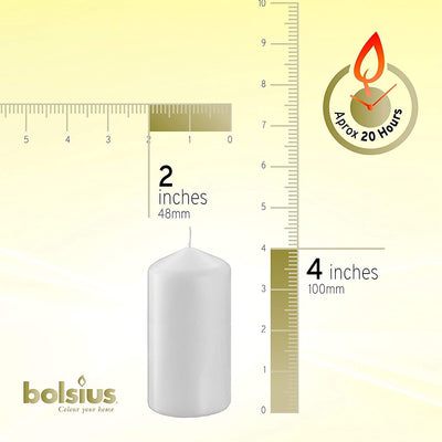 BOLSIUS 8 Count 2x4 Inch White Pillar Candles - 20 Hours Burn Time - Premium European Quality - Unscented Dripless and Smokeless Wedding, Party, Dinner, Restaurant, and Special Occasion Candle Set