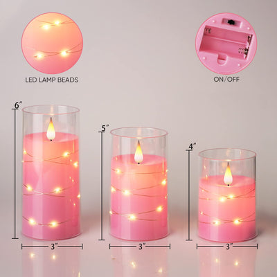 Homemory Flickering Flameless Candles with String Lights, Battery Operated Candles, Embedded String Lights LED Candles, Unbreakable Plexiglass Candles with Remote, Set of 3, Pink