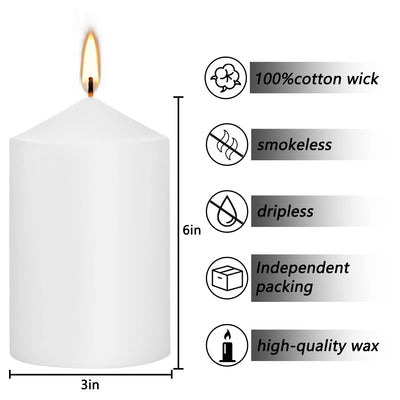 White Pillar Candles - Set of 6-3" x 6" Dripless Unscented Candles in White for Home Decor, Relaxation & All Occasions