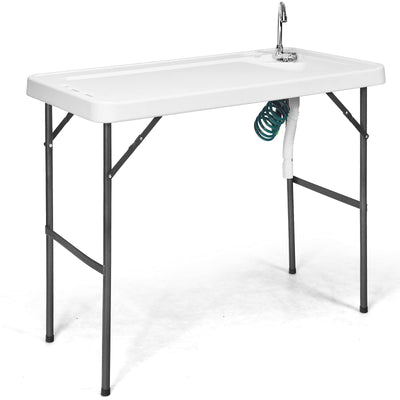 Goplus Folding Fish Cleaning Table with Sink and Spray Nozzle, Heavy Duty Fillet Table with Hose Hook Up and Faucet, Portable Outdoor Camping Sink Station for Dock Beach Patio Picnic