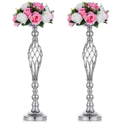 Set of 2 Versatile Silver Flower Arrangement Stand & Pillar Candle Holder Set for Wedding Party Dinner Centerpiece Event Restaurant Hotel Decoration (Silver Twist Style, 2 x L)