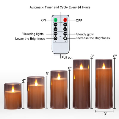 Homemory Gray Flickering Flameless Candles, Battery Operated Acrylic LED Pillar Candles with Remote Control and Timer, Set of 5