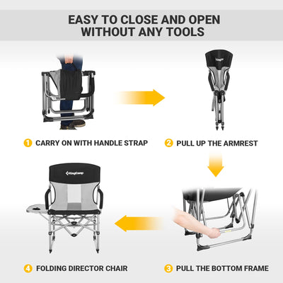 KingCamp Portable Director Camping Folding Chair Hard Arm with Handle and Side Table Support 300 lbs Perfect for Beach Sunbathing Backyard Outdoor Use, One Size, Black/MediumGrey-2 Pack