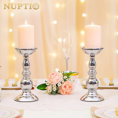 Nuptio Silver Pillar Candle Holders, Wedding Centerpieces Metal Candle Holder for 3 inches Candles Stand Decoration Ideal for Weddings Special Events Parties Living Room, 2 Pcs