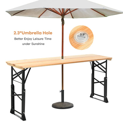 Goplus Folding Picnic Beer Table, Outdoor Camping Table with Umbrella Hole, Adjustable Heights and Wood Top, Portable Picnic Table for Patio Garden Party Backyard, No Assembly