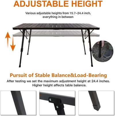 FAIR WIND Outdoor Folding Portable Lightweight Camping Table Aluminum Roll - Up Table with Adjustable Height, 50'' Length Camp Table with Carry Bag, Support 70 LBS…