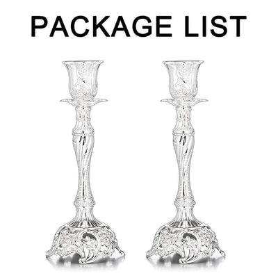 Sziqiqi Silver Plated Candlestick Holders Set of 2 Taper Candle Holders Deluxe Ornate Candle Holders for Shabbat Taper Candles, Candle Centerpiece, Wedding Candles, Christmas Candle, 7.4inch