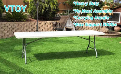 VTOY 8FT（30" x 96"） Folding Table, Indoor Outdoor Heavy Duty Picnic Table with Carrying Handle,Plastic Fold up Table for Picnic, Party, Camping，Office - White (8FT)