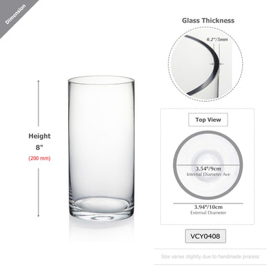 WGVI Quality Thick Weighted Clear Cylinder Glass Vases, 4" W x 8" H, Multiple Size Choices Glass Flower Vase Centerpieces | Hurricane Floating Candle Holder Vase, 18 Pcs