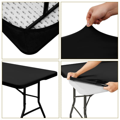 6 Pack Stretch Fabric Table Top Cap Cover, fits 6' Tables, Spandex Table Covers Washable Elastic Universal Rectangle Tablecloth Protector for Indoor Outdoor Party Picnic Wedding, Black, 30" W x 72" L