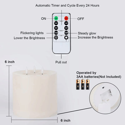 Amagic 6"x6" Extra Large Flameless Candles with 3 Wicks, Battery Operated Candles with Remote Control and Timers, 6 inch Diameter LED Pillar Candles, Real Wax, Ivory