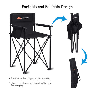 Goplus Folding Camping Chair, Outdoor Portable Beach Chair Heightened Design w/Detachable Armrests, Storage Pouches & Carrying Bag for Fishing, Picnic, Lawn (Black, 250LBS Weight Capacity)