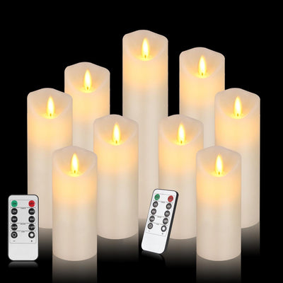 Vickiss Flameless Candles Battery Operated Candles 4" 5" 6" 7" 8" 9" Set of 9 Ivory Real Wax Pillar Dancing LED Flames LED Candles with 10-Key Remote and Cycling 24 Hours Timer