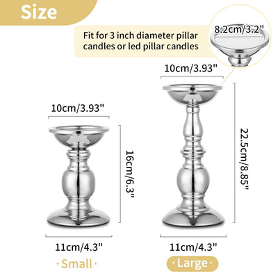 Nuptio Silver Pillar Candle Holders, Wedding Centerpieces Metal Candle Holder for 3 inches Candles Stand Decoration Ideal for Weddings Special Events Parties Living Room, 2 Pcs