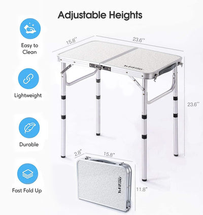 YUFIFAIRY, Small Aluminum Camp Table, Lightweight, Portable, Foldable with 3 Adjustable Height, Indoor Outdoor Table for Cooking, Picnic, (3 Heights), 24''L x16''W